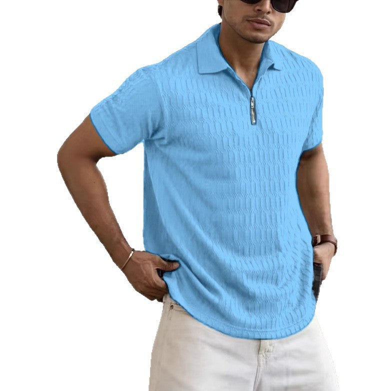 Men's Short-Sleeve Polo Shirt – Breathable Jacquard Knit with Zip Placket for Casual Style