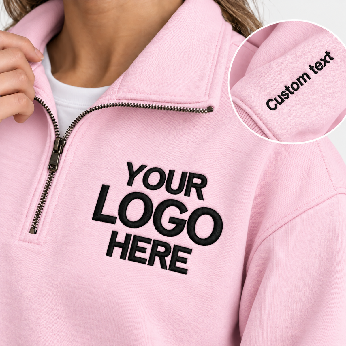 Custom Logo Quarter Zip Sweatshirt – Personalized Company & Employee Team Pullover – Light Pink