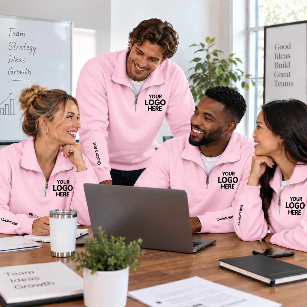 Custom Logo Quarter Zip Sweatshirt – Personalized Company & Employee Team Pullover – Light Pink