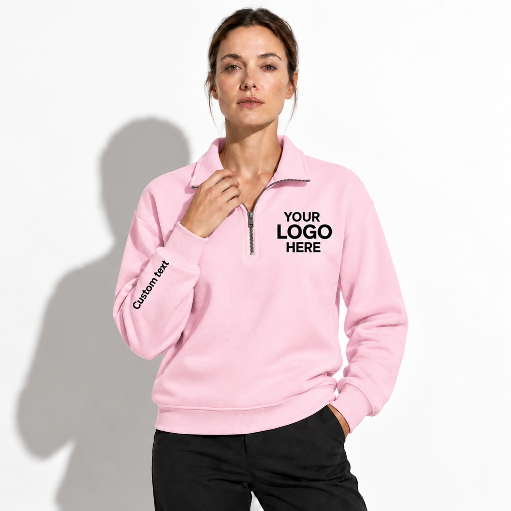 Custom Logo Quarter Zip Sweatshirt – Personalized Company & Employee Team Pullover – Light Pink
