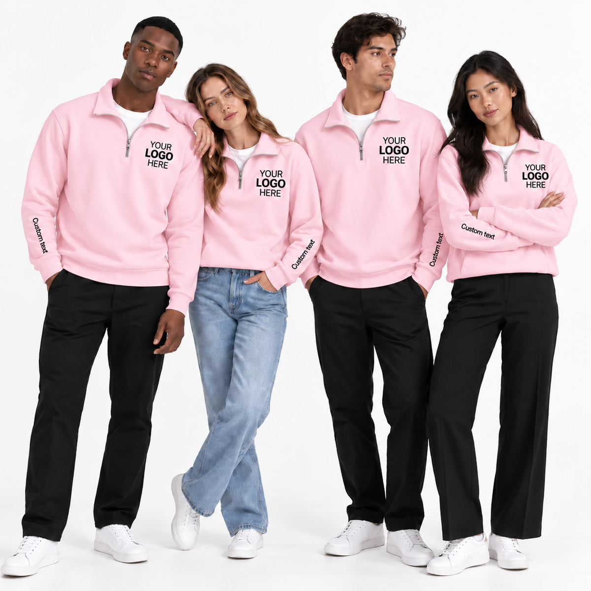 Custom Logo Quarter Zip Sweatshirt – Personalized Company & Employee Team Pullover – Light Pink