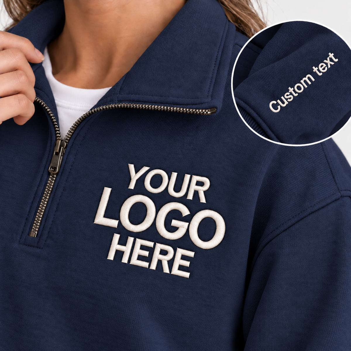 Custom Logo Quarter Zip Sweatshirt – Personalized Company & Employee Team Pullover – Navy
