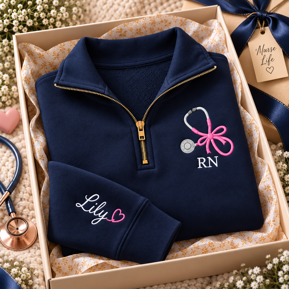 Custom RN Quarter Zip Sweatshirt – Personalized Registered Nurse Pullover with Name
