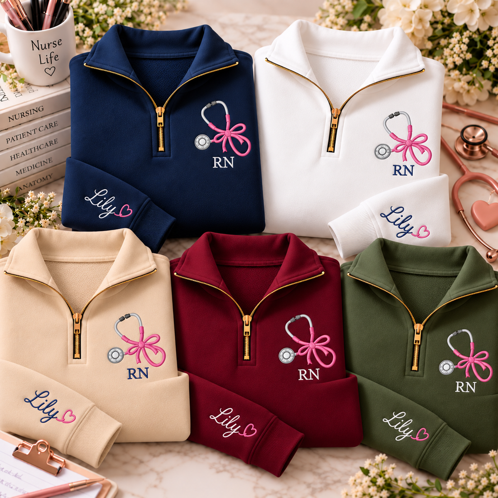 Custom RN Quarter Zip Sweatshirt – Personalized Registered Nurse Pullover with Name