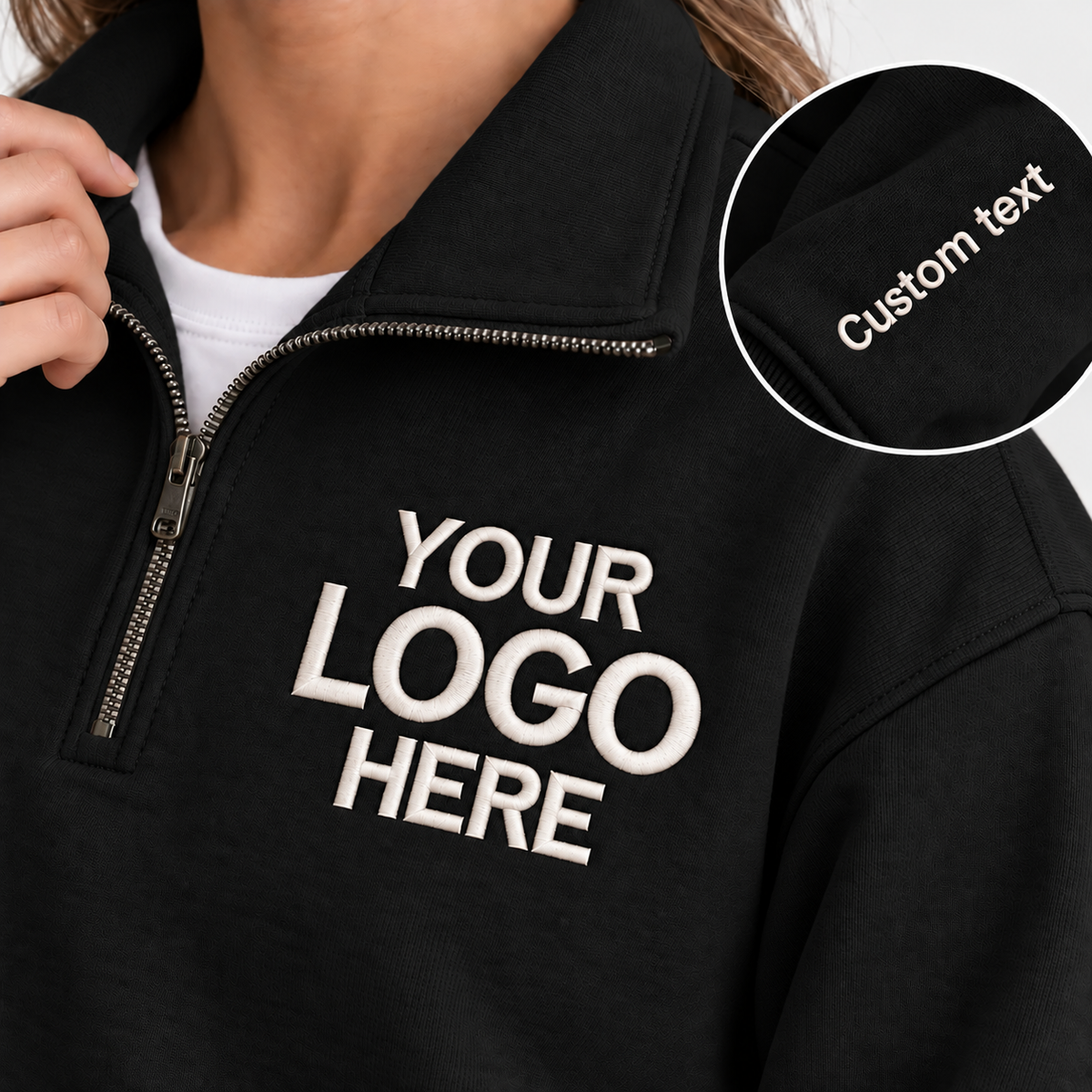 Custom Logo Quarter Zip Sweatshirt – Personalized Company & Employee Team Pullover – Black