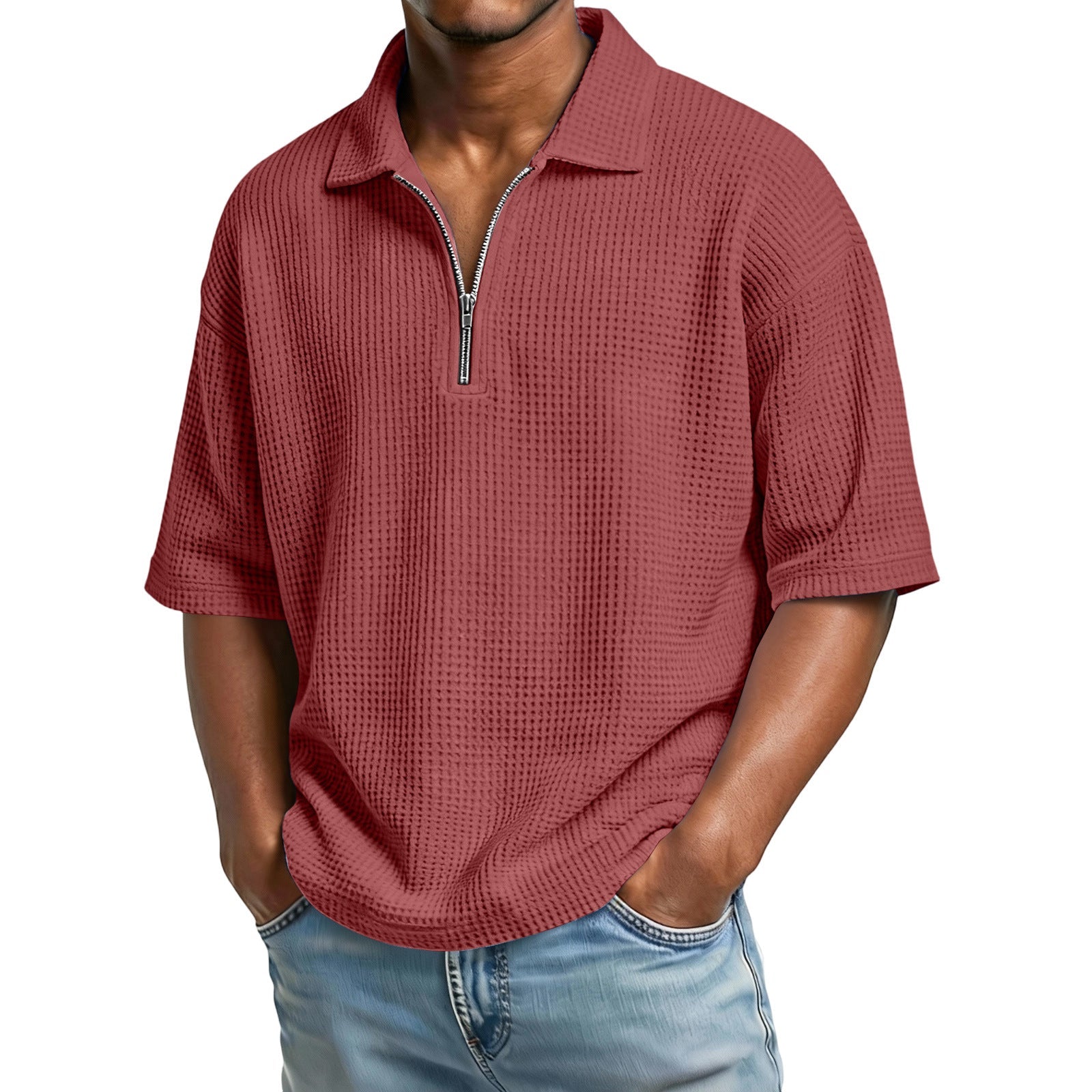 Men's Short-Sleeve Waffle-Weave Polo Shirt - Breathable Casual Beachwear