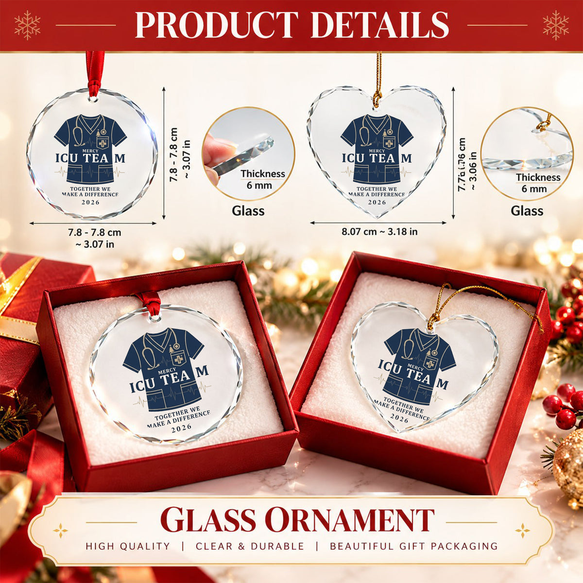 Personalized ICU Team Glass Ornament - Custom Nurse Scrubs Christmas Gift 2026