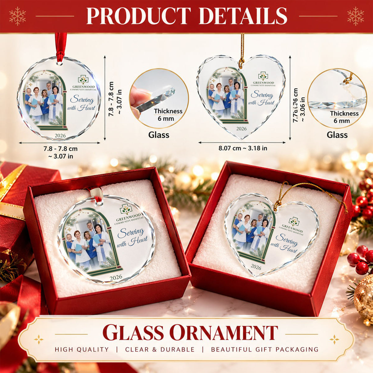 Custom Medical Staff Photo Glass Ornament - Serving With Heart 2026