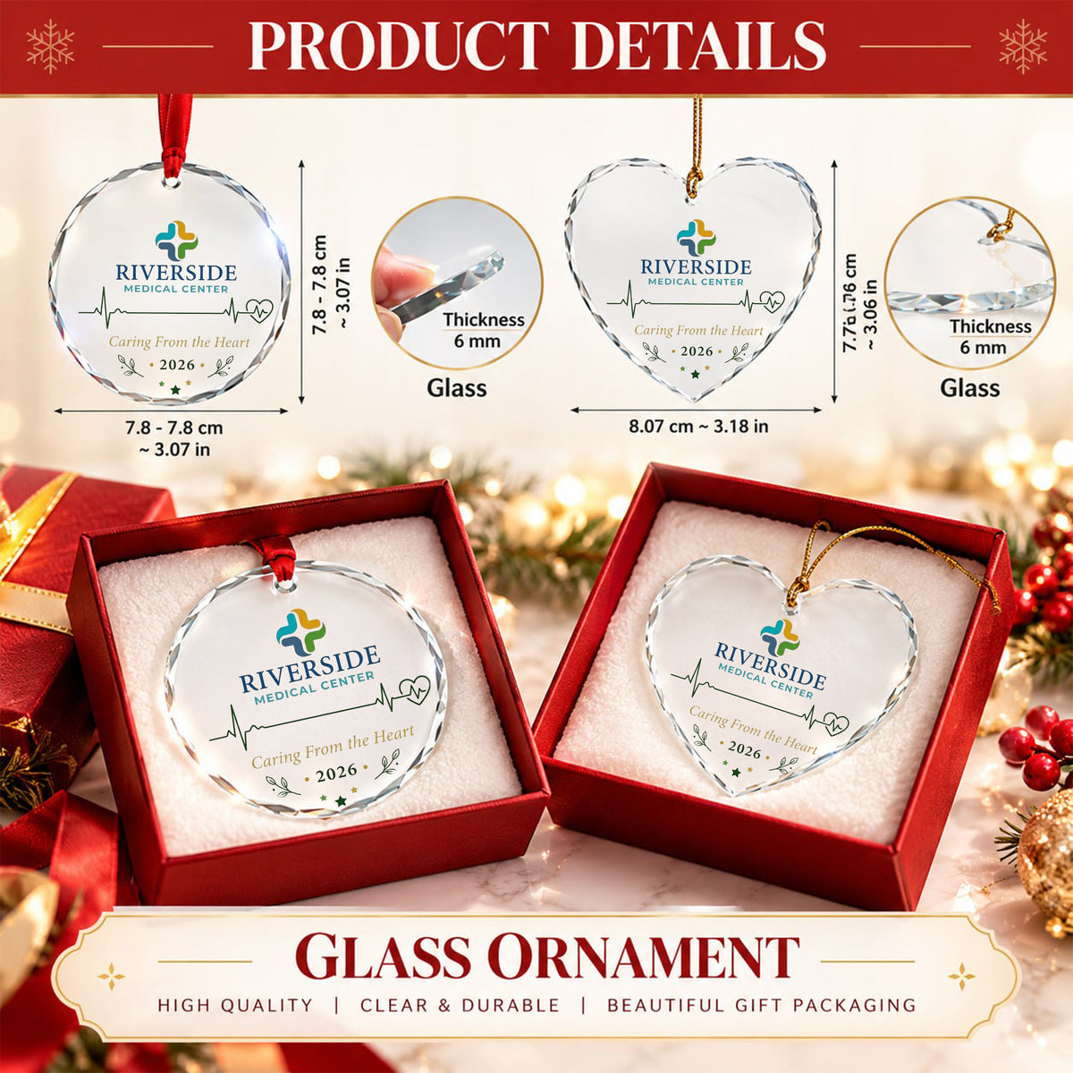 Personalized Riverside Heartbeat Glass Ornament - Healthcare Christmas Gift 2026