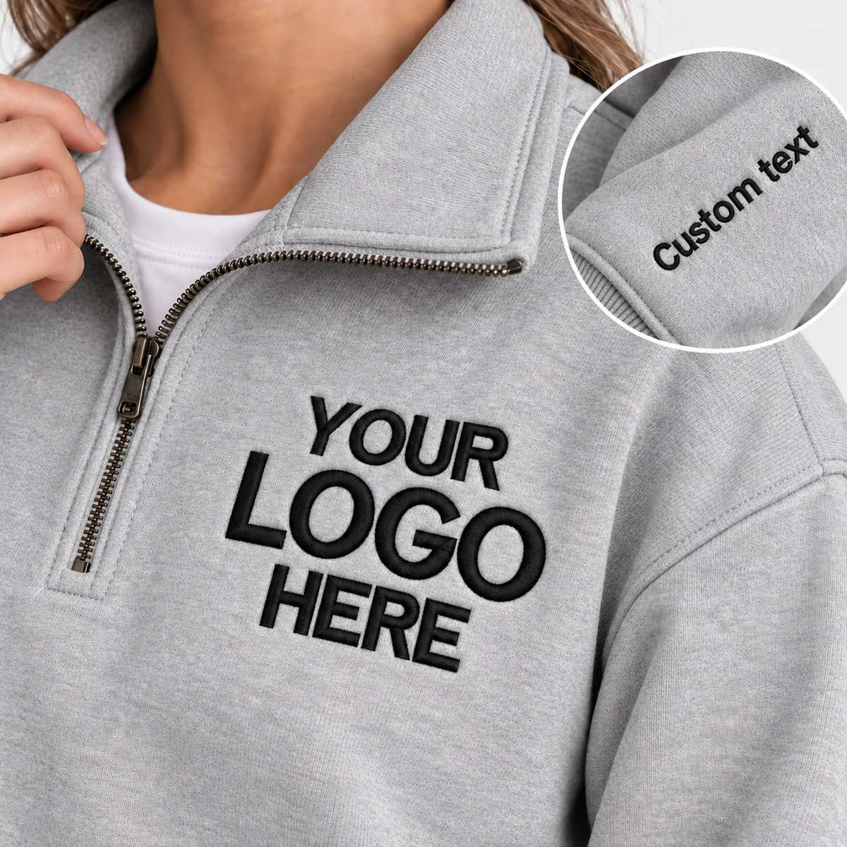 Custom Logo Quarter Zip Sweatshirt – Personalized Company & Employee Team Pullover –Sport Gray