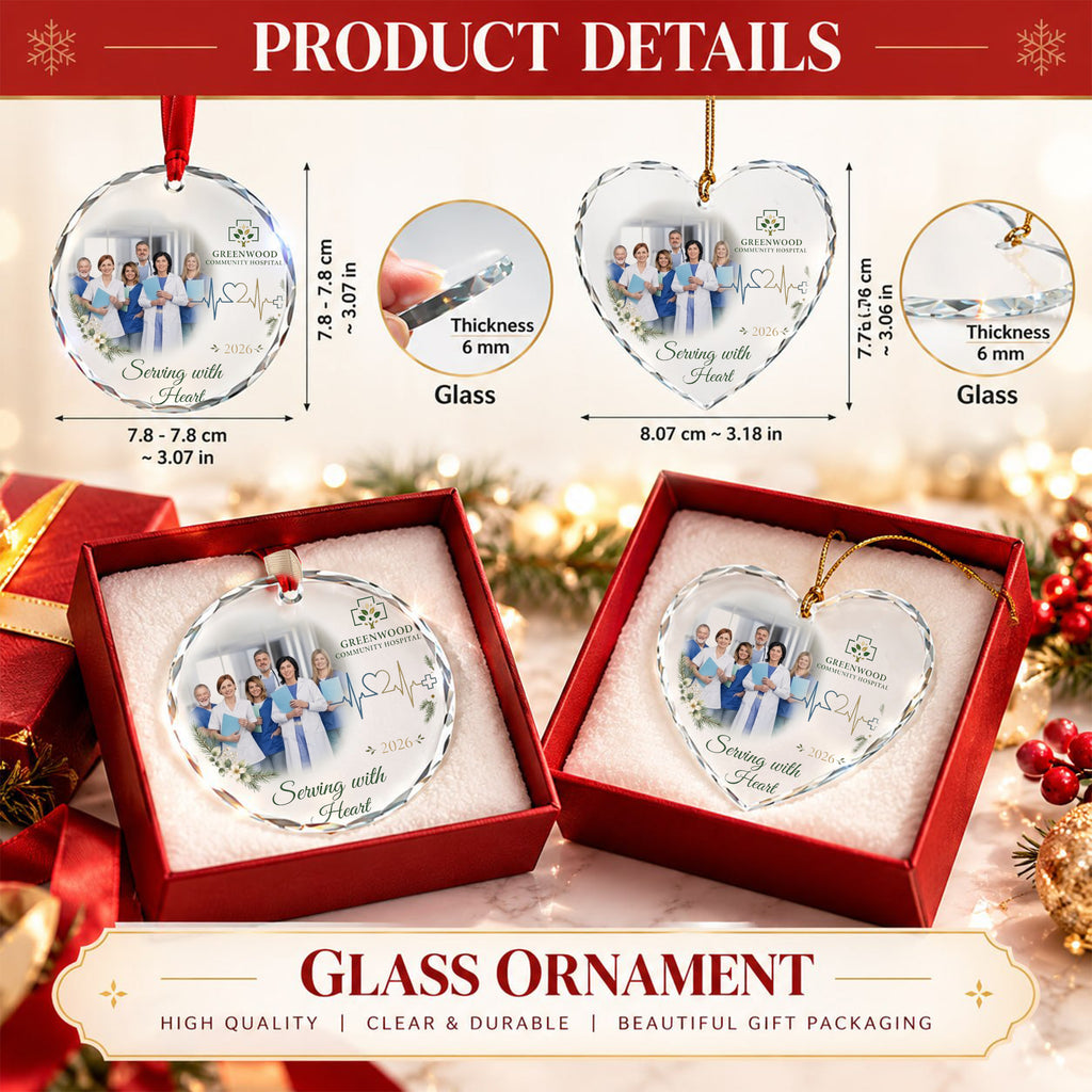 Personalized Healthcare Team Photo Glass Ornament - Serving With Heart Gift 2026