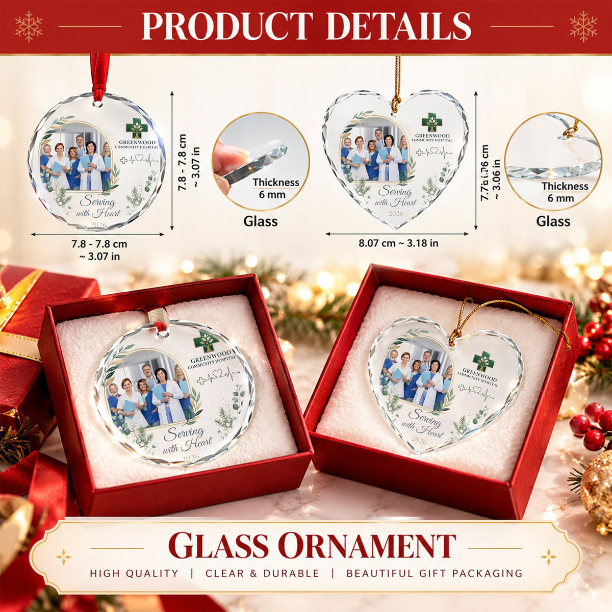 Custom Hospital Staff Photo Glass Ornament - Serving With Heart Gift 2026