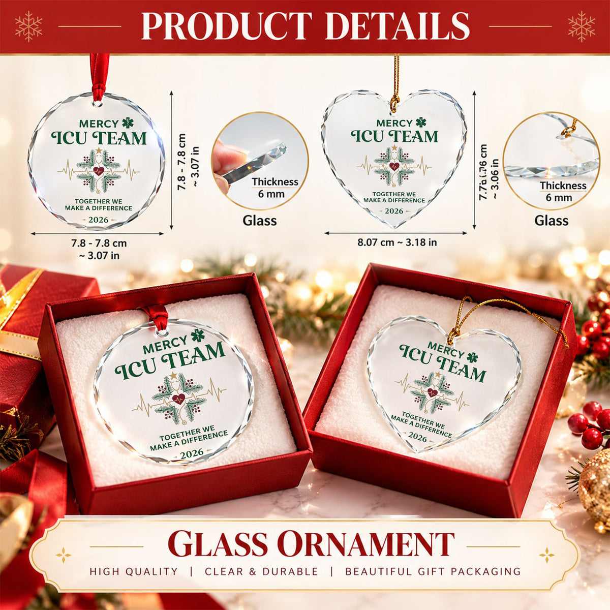 Personalized ICU Team Glass Ornament - Custom Nurse & Healthcare Team Christmas Gift 2026