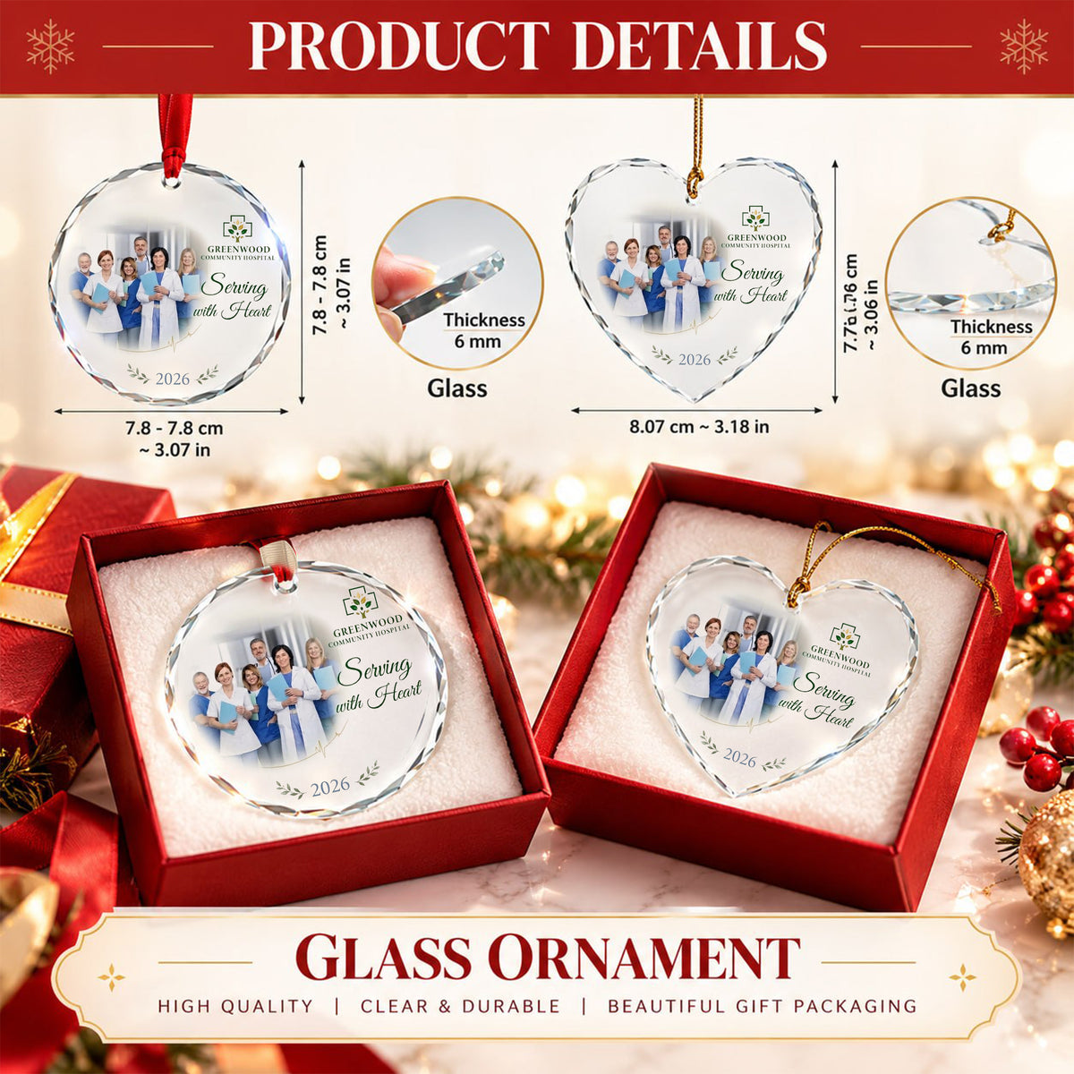 Healthcare Staff Appreciation Glass Ornament - Serving With Heart 2026