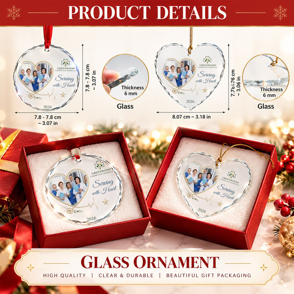 Custom Healthcare Team Photo Glass Ornament - Caring With Heart Gift 2026