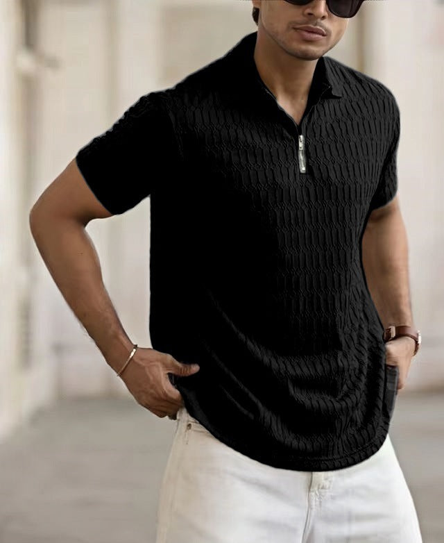Men's Short-Sleeve Polo Shirt – Breathable Jacquard Knit with Zip Placket for Casual Style