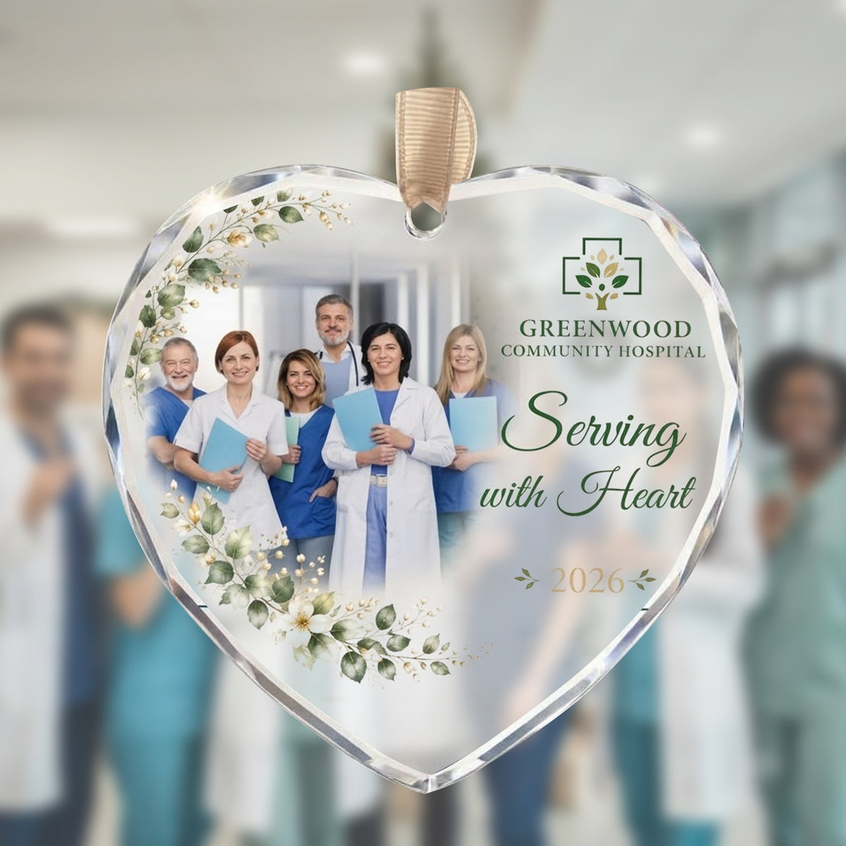 Personalized Serving With Heart Glass Ornament - Hospital Team Photo Gift 2026