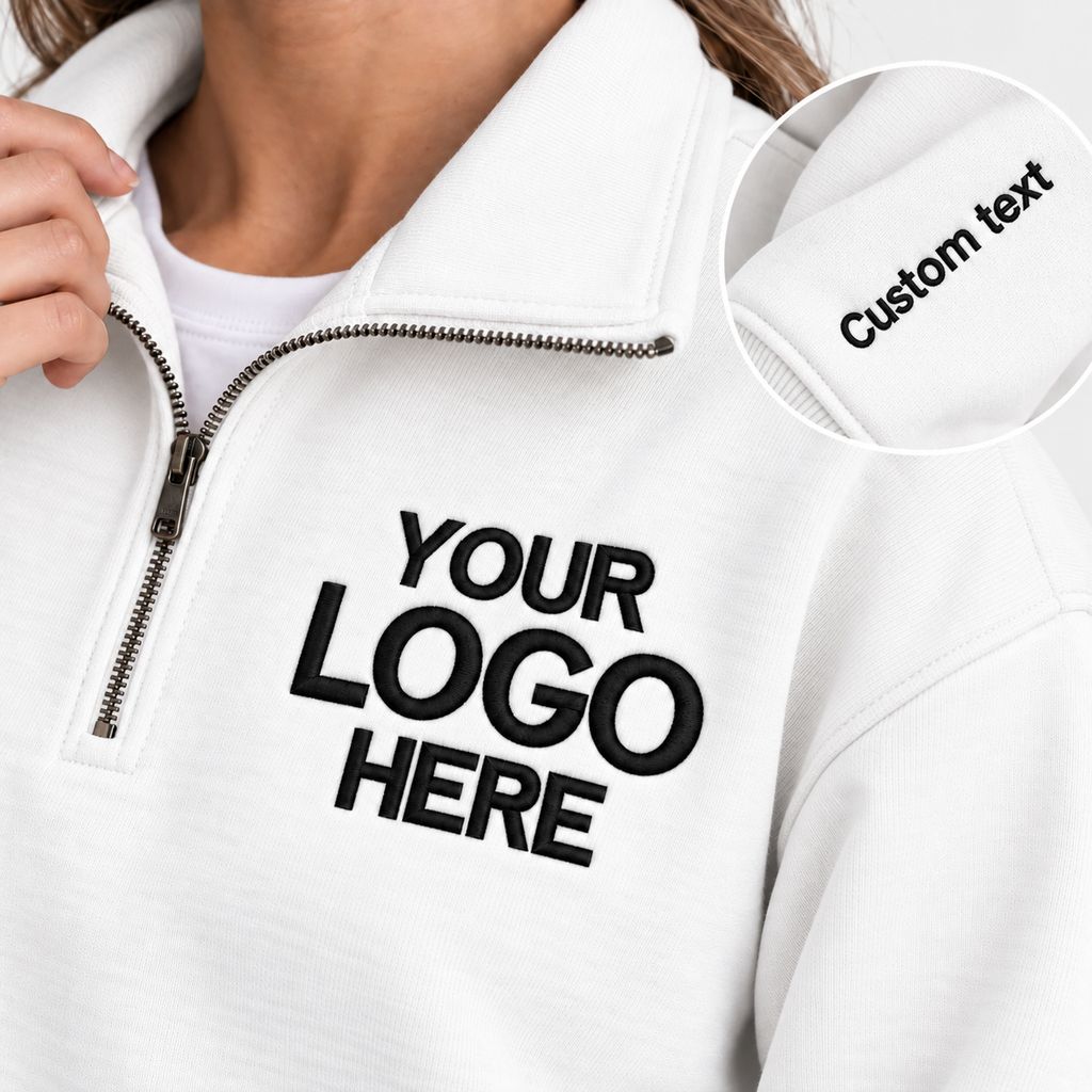 Custom Logo Quarter Zip Sweatshirt – Personalized Company & Employee Team Pullover – White