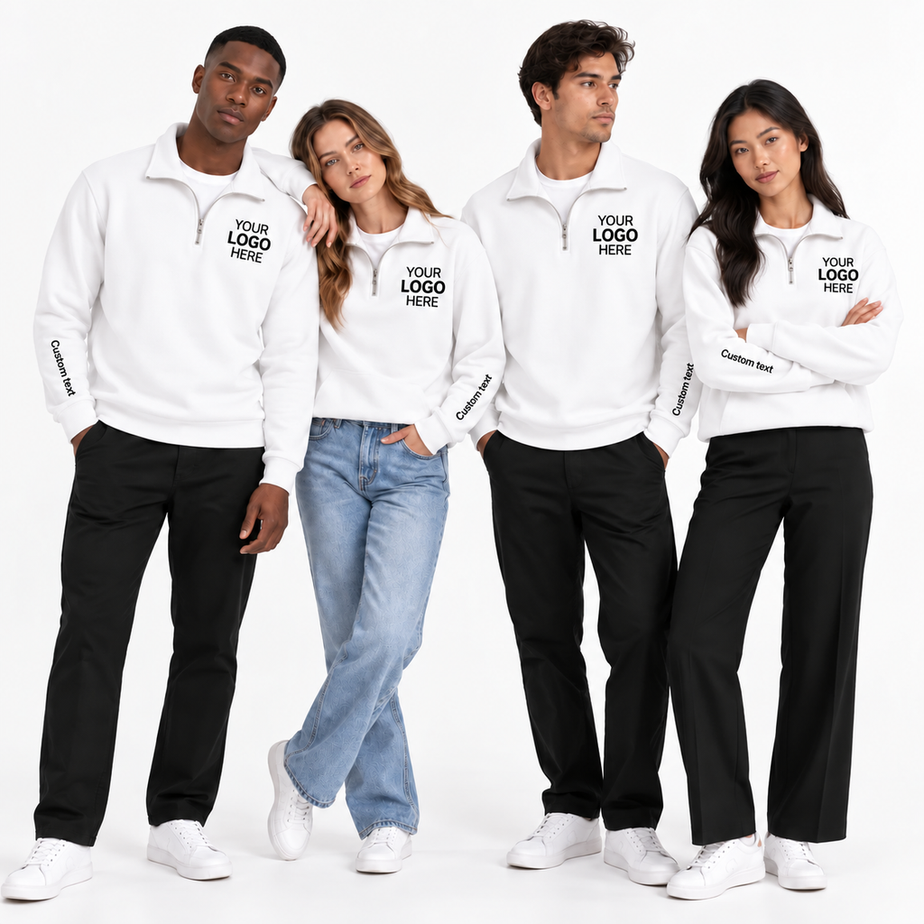 Custom Logo Quarter Zip Sweatshirt – Personalized Company & Employee Team Pullover – White