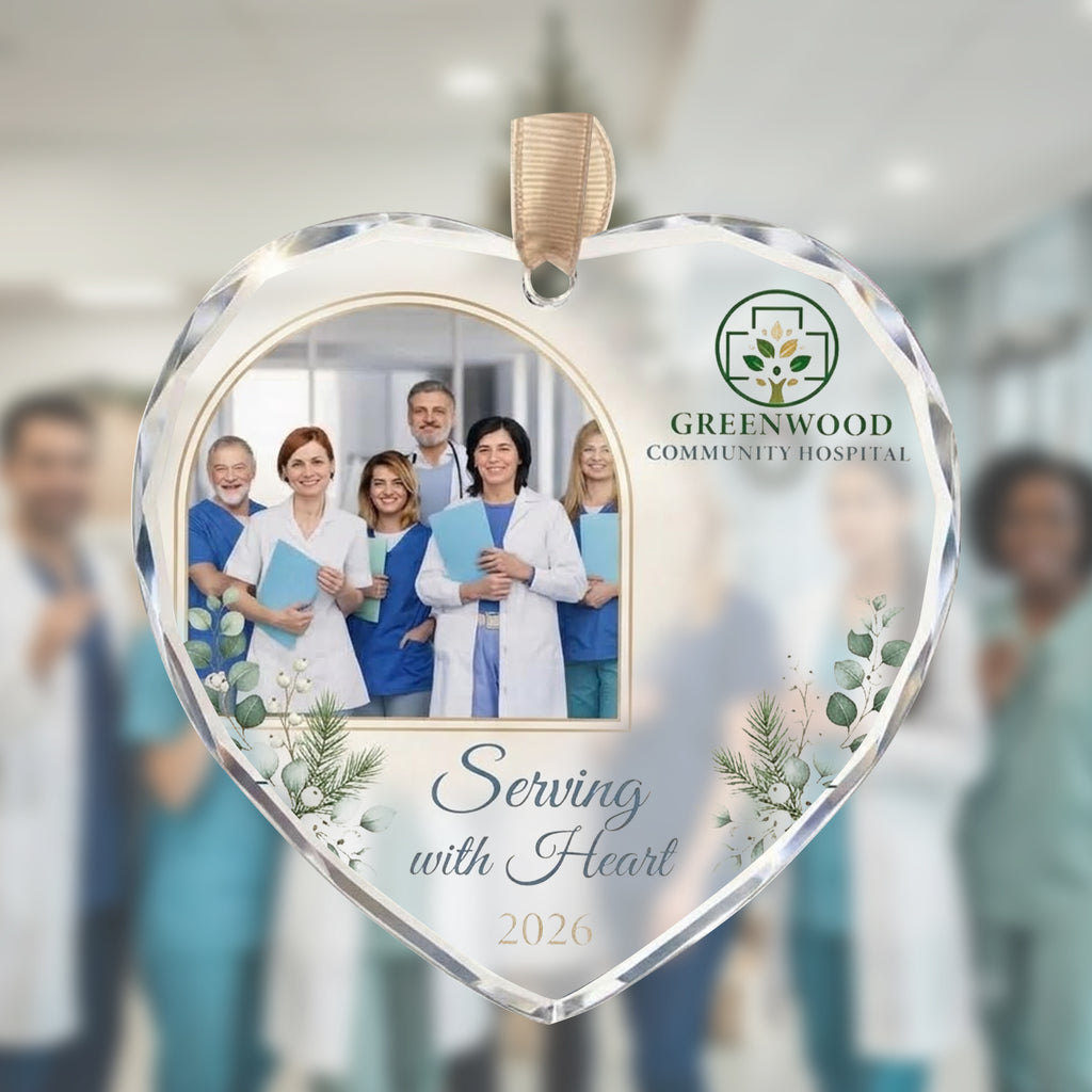 Personalized Hospital Team Photo Glass Ornament - Serving With Heart 2026