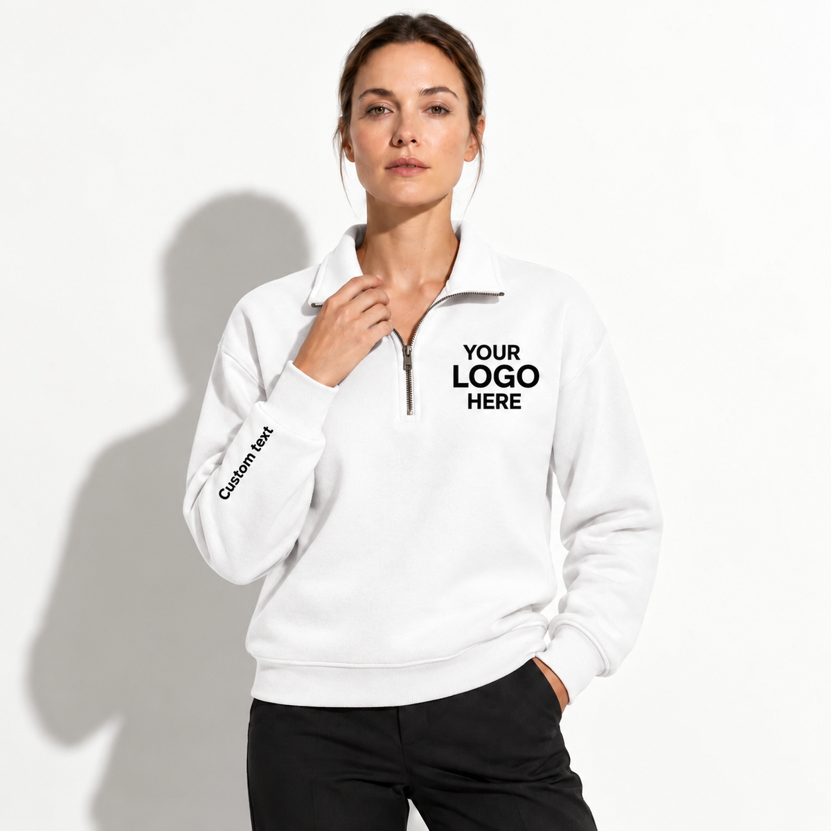 Custom Logo Quarter Zip Sweatshirt – Personalized Company & Employee Team Pullover – White