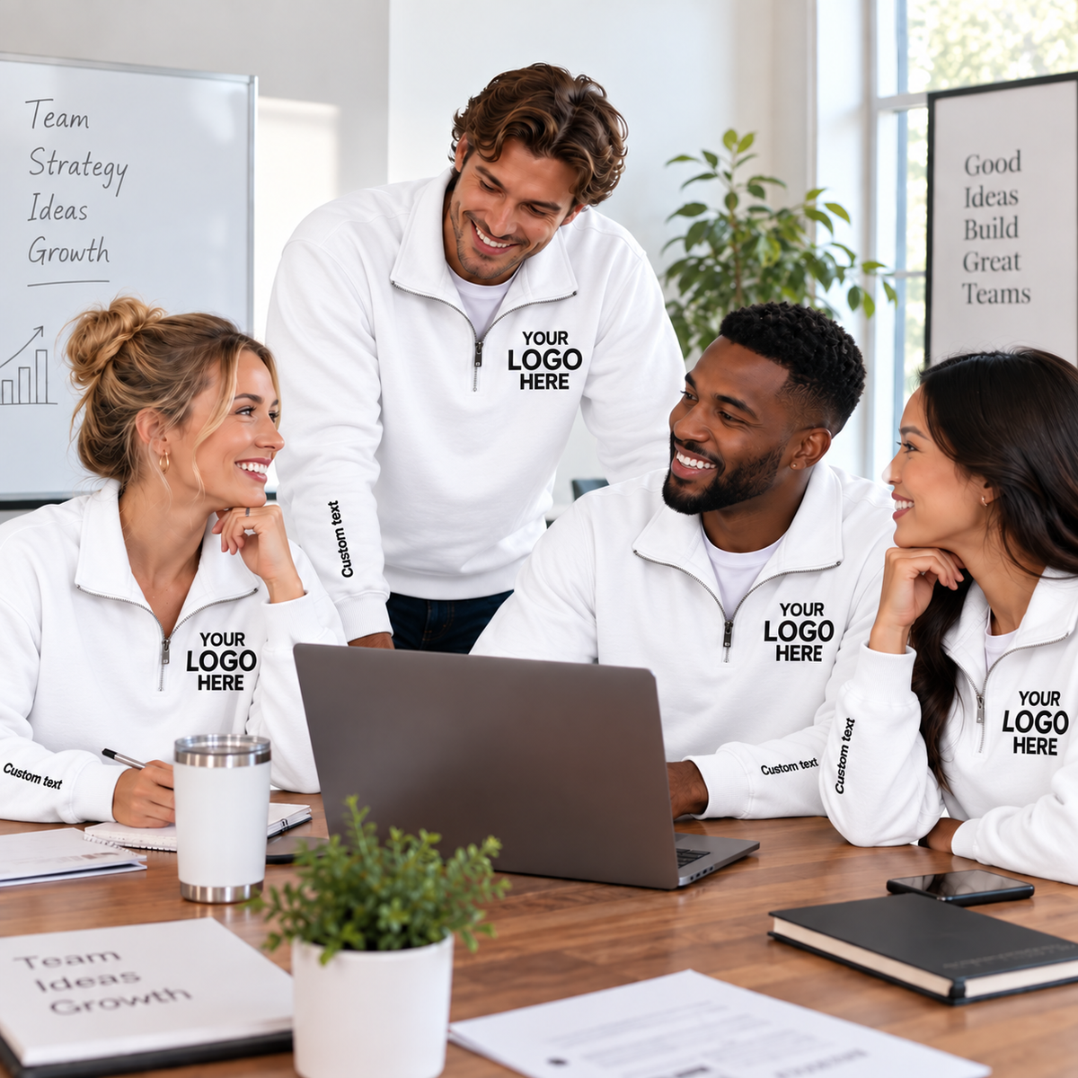 Custom Logo Quarter Zip Sweatshirt – Personalized Company & Employee Team Pullover – White