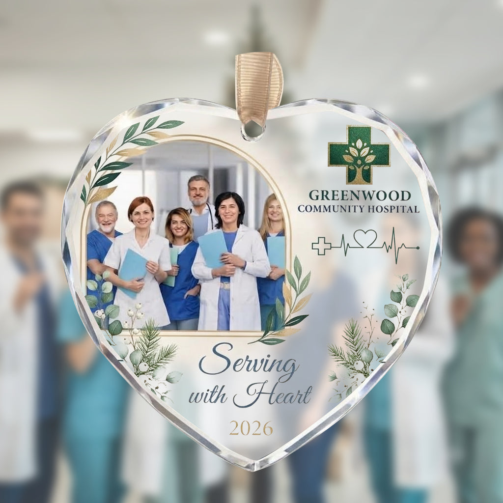 Custom Hospital Staff Photo Glass Ornament - Serving With Heart Gift 2026