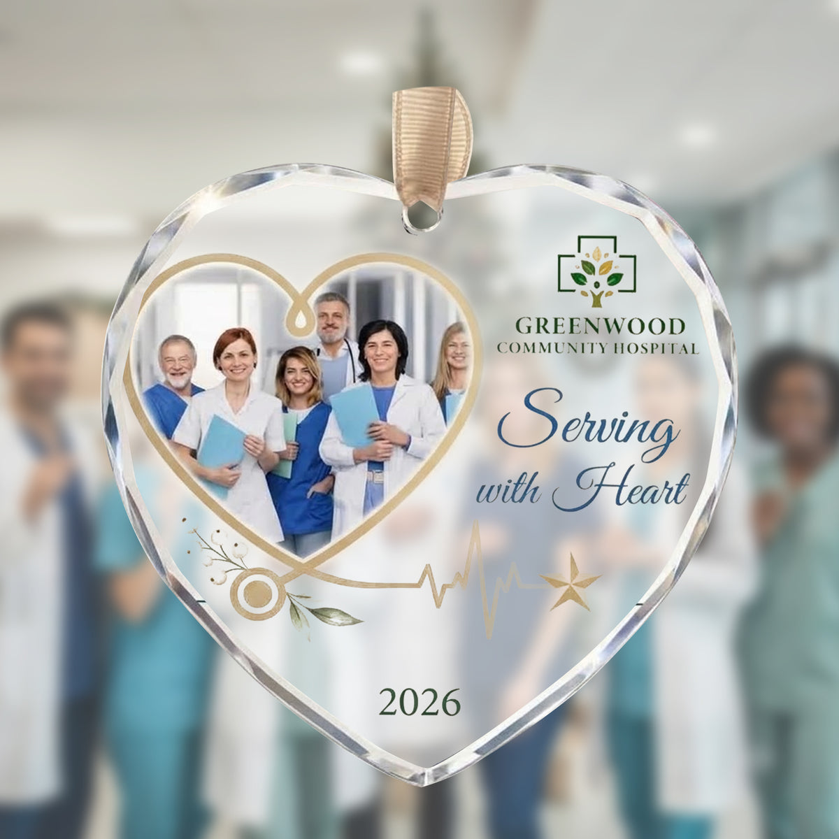 Custom Healthcare Team Photo Glass Ornament - Caring With Heart Gift 2026