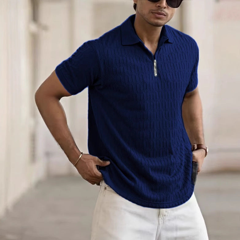 Men's Short-Sleeve Polo Shirt – Breathable Jacquard Knit with Zip Placket for Casual Style