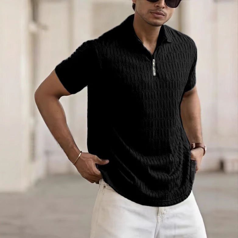 Men's Short-Sleeve Polo Shirt – Breathable Jacquard Knit with Zip Placket for Casual Style