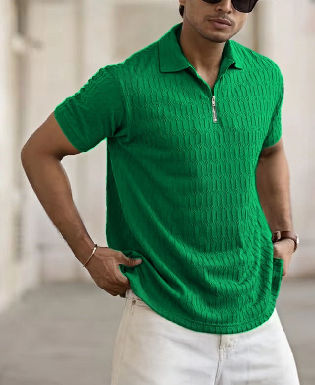 Men's Short-Sleeve Polo Shirt – Breathable Jacquard Knit with Zip Placket for Casual Style