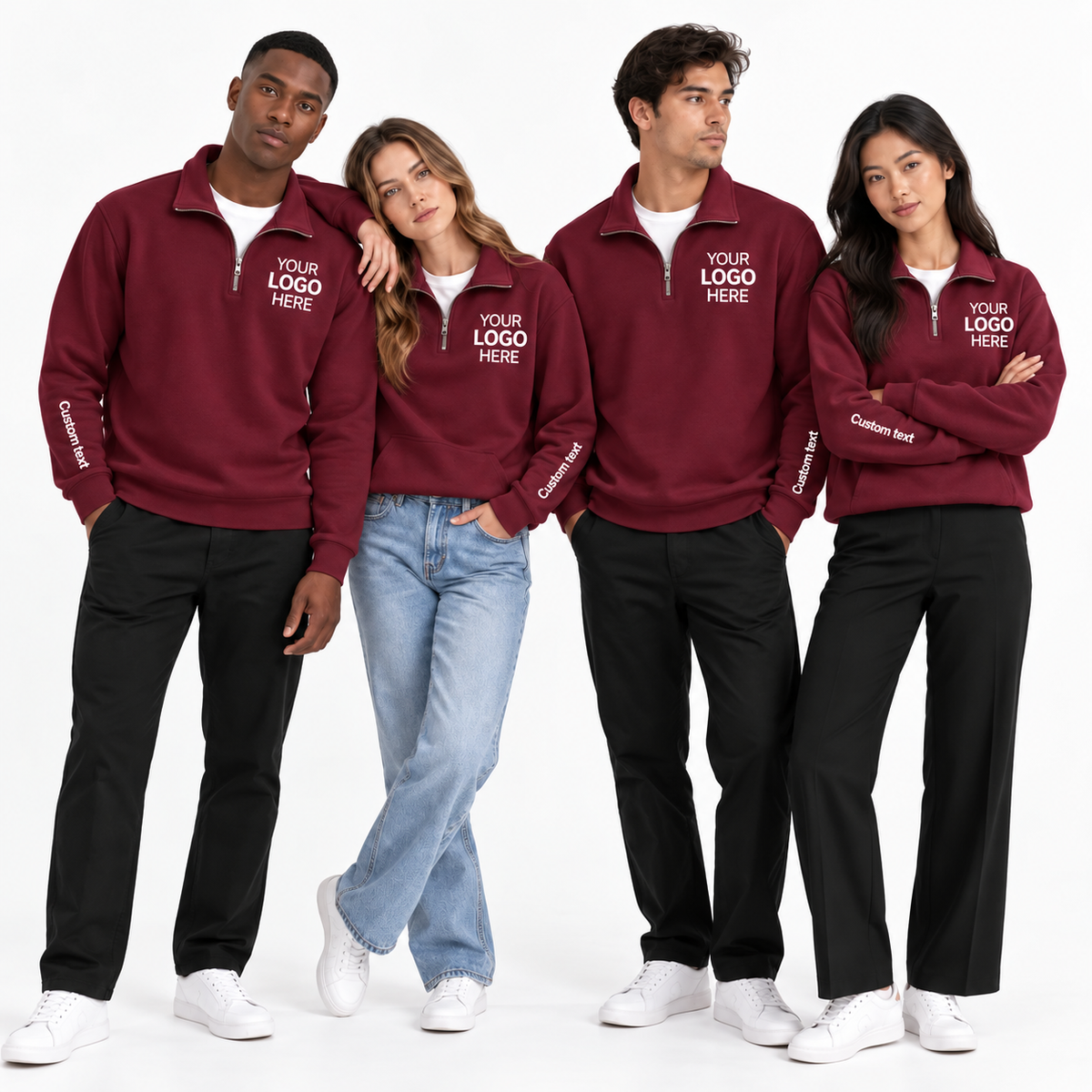 Custom Logo Quarter Zip Sweatshirt – Personalized Company & Employee Team Pullover – Maroon