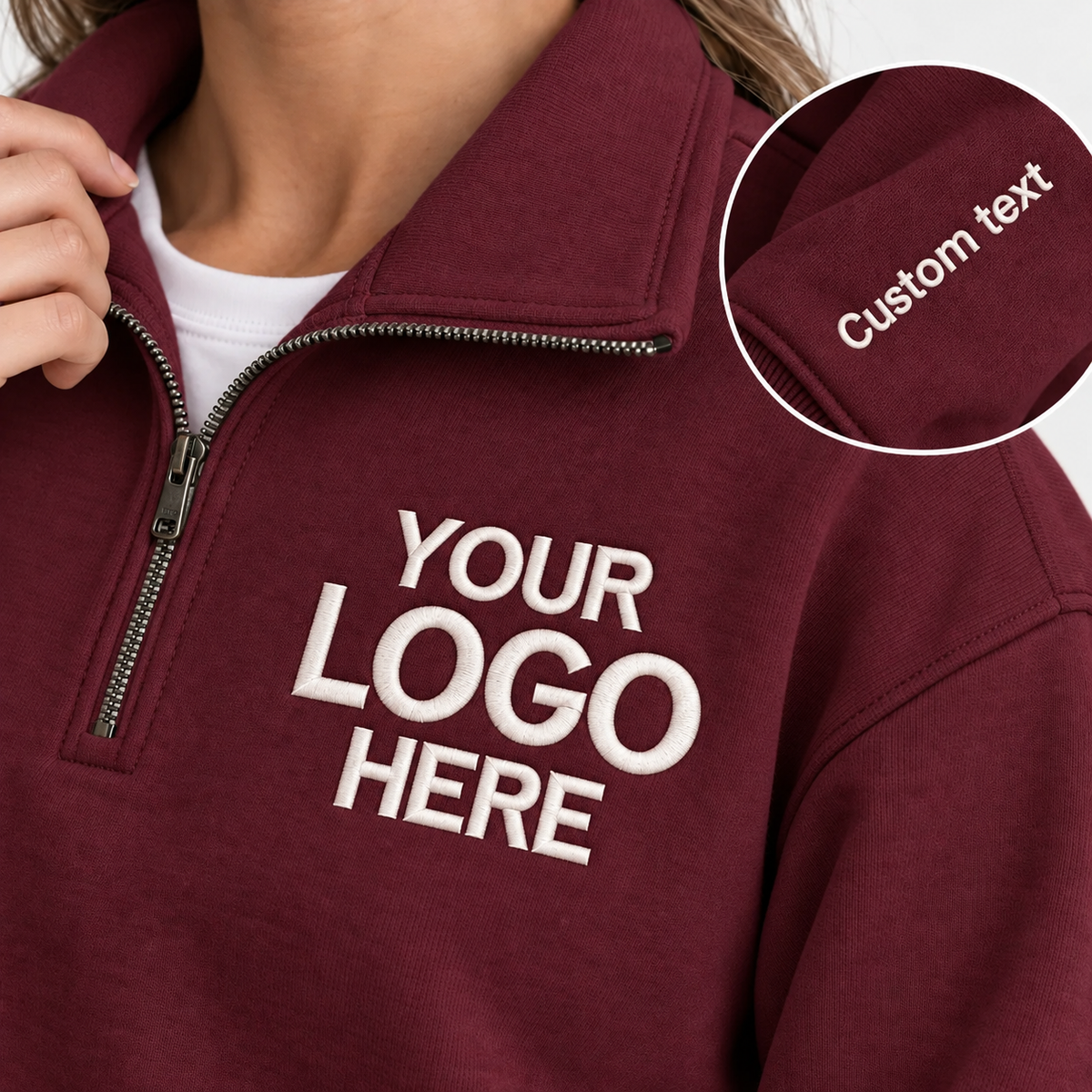 Custom Logo Quarter Zip Sweatshirt – Personalized Company & Employee Team Pullover – Maroon