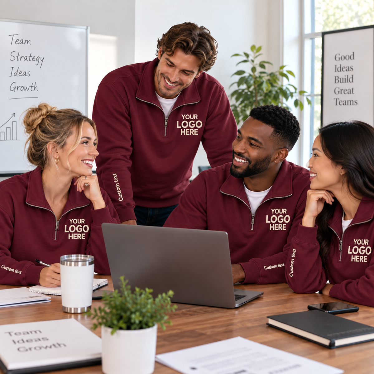 Custom Logo Quarter Zip Sweatshirt – Personalized Company & Employee Team Pullover – Maroon