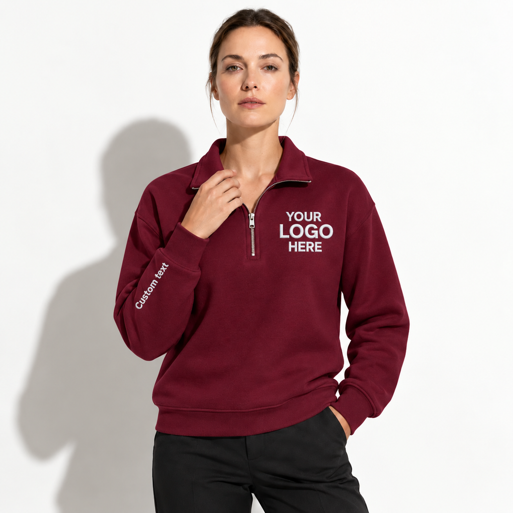 Custom Logo Quarter Zip Sweatshirt – Personalized Company & Employee Team Pullover – Maroon