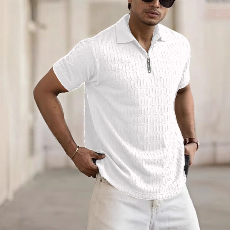 Men's Short-Sleeve Polo Shirt – Breathable Jacquard Knit with Zip Placket for Casual Style