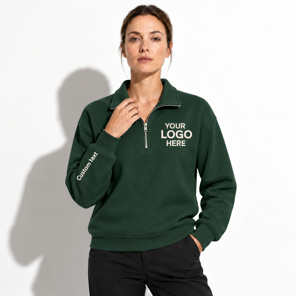 Custom Logo Quarter Zip Sweatshirt – Personalized Company & Employee Team Pullover – Forest Green