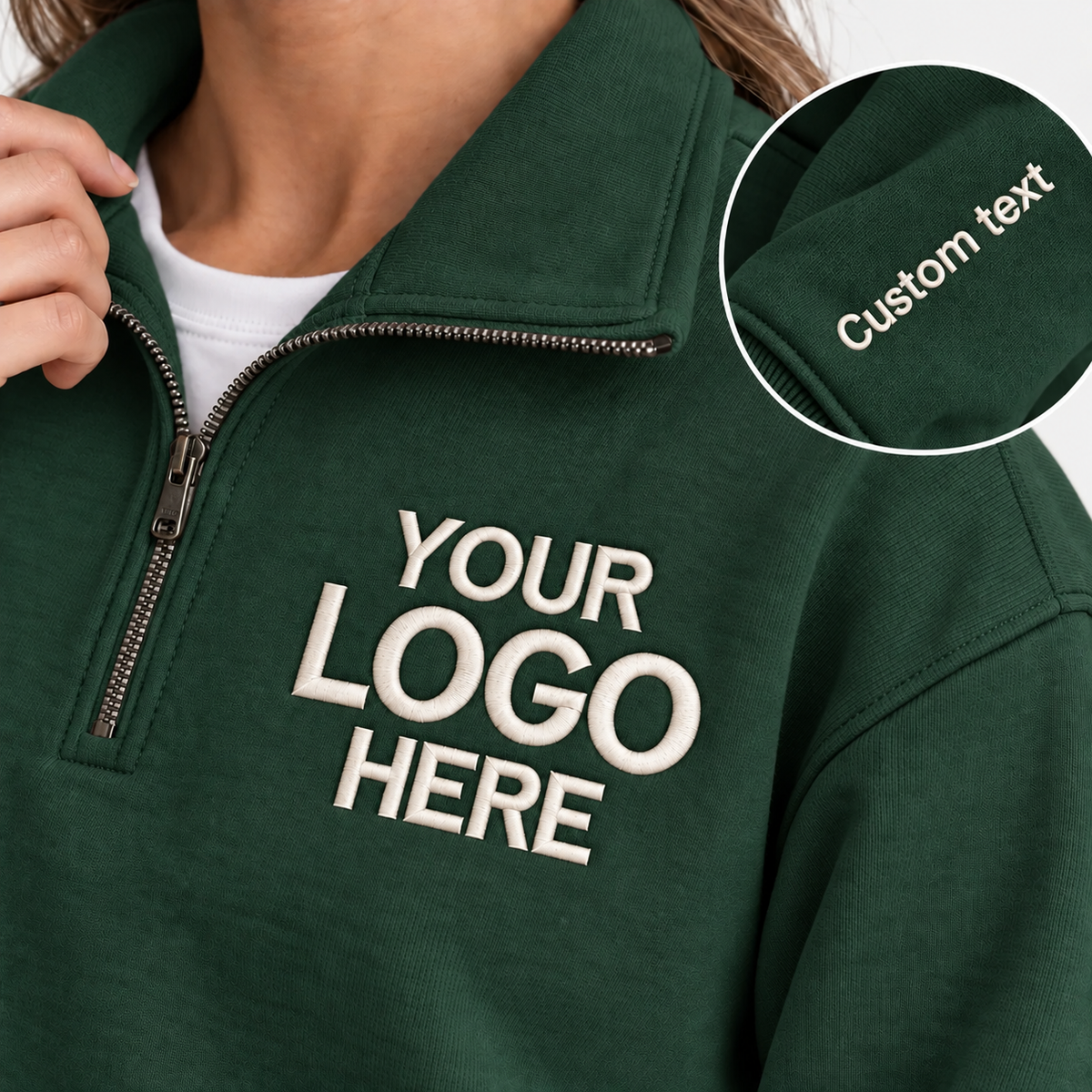 Custom Logo Quarter Zip Sweatshirt – Personalized Company & Employee Team Pullover – Forest Green