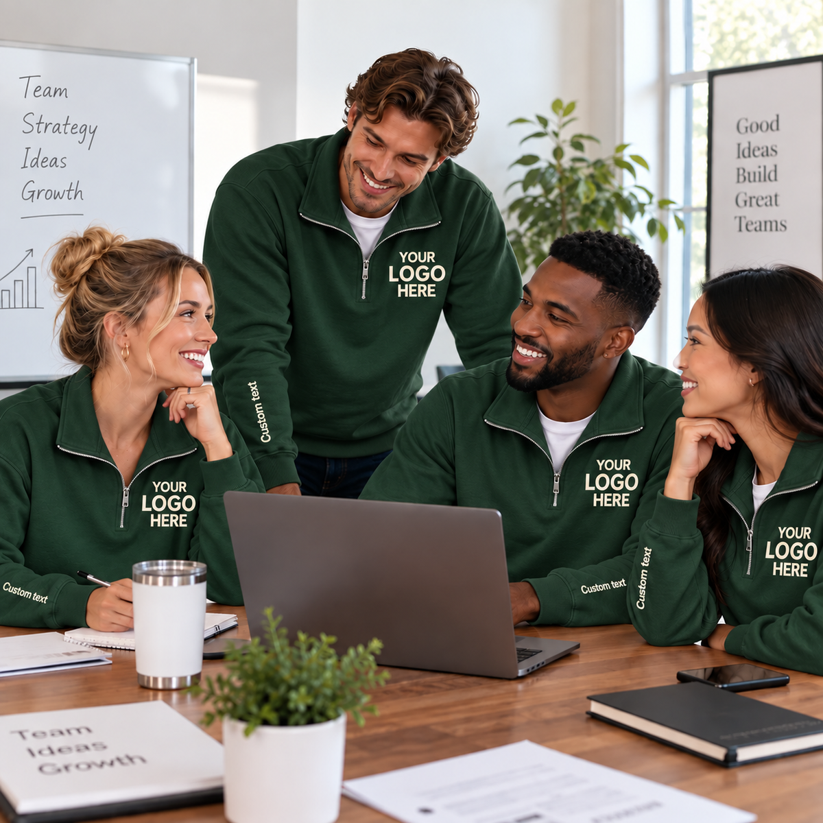 Custom Logo Quarter Zip Sweatshirt – Personalized Company & Employee Team Pullover – Forest Green