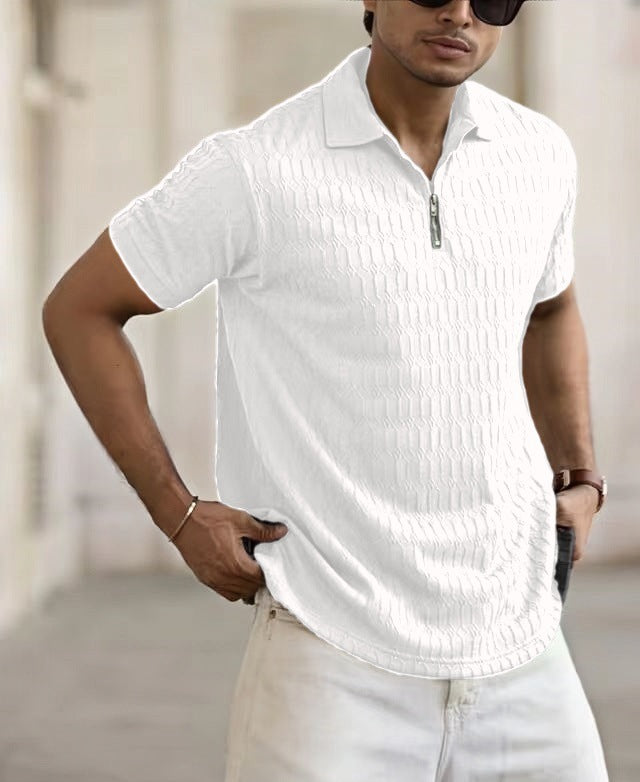 Men's Short-Sleeve Polo Shirt – Breathable Jacquard Knit with Zip Placket for Casual Style