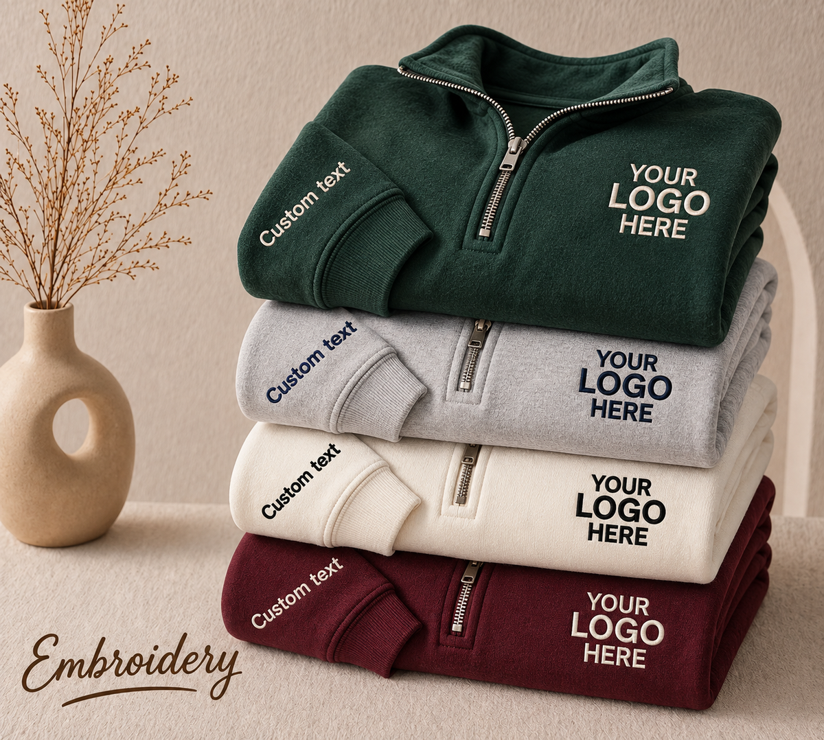 Custom Logo Quarter Zip Sweatshirt – Personalized Company & Employee Team Pullover – Maroon