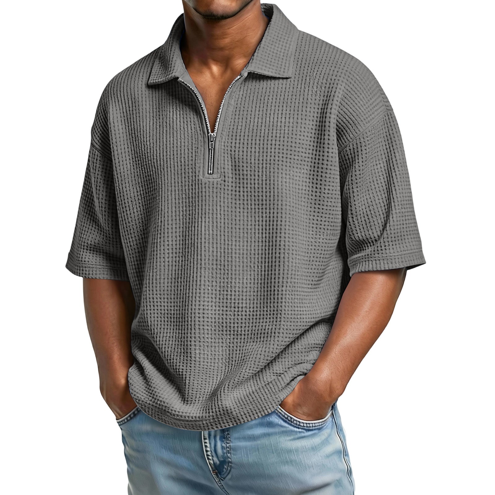 Men's Short-Sleeve Waffle-Weave Polo Shirt - Breathable Casual Beachwear