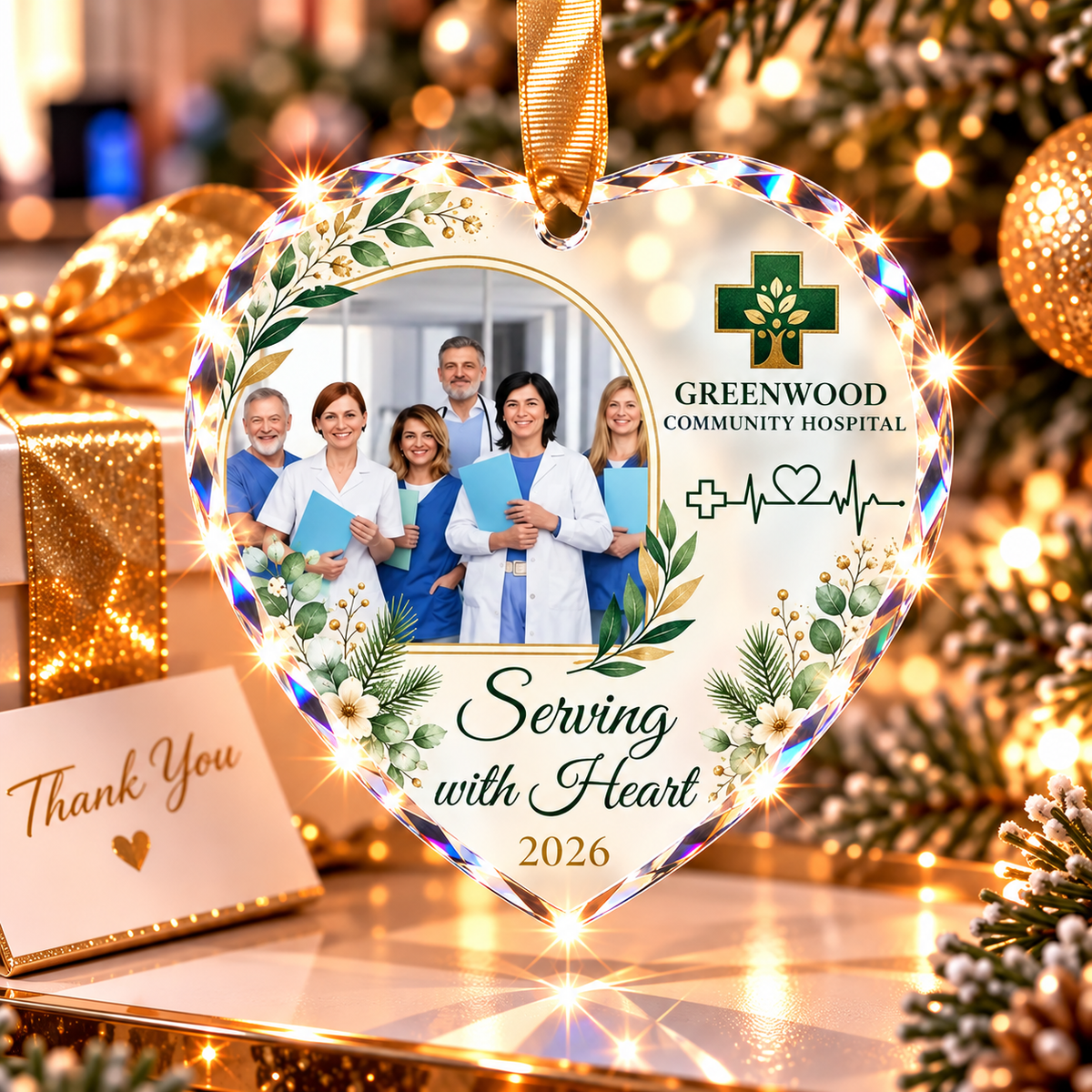 Custom Hospital Staff Photo Glass Ornament - Serving With Heart Gift 2026