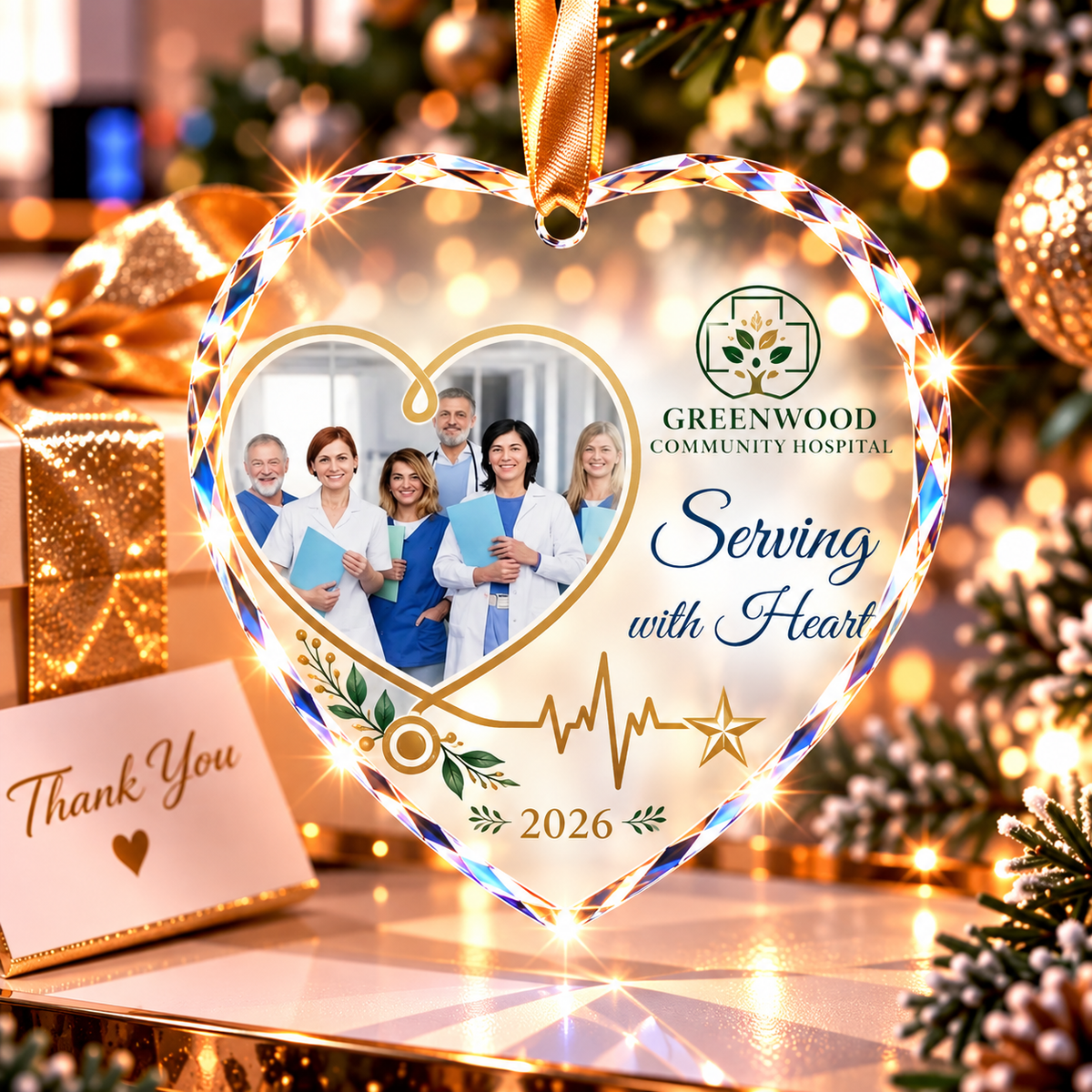 Custom Healthcare Team Photo Glass Ornament - Caring With Heart Gift 2026