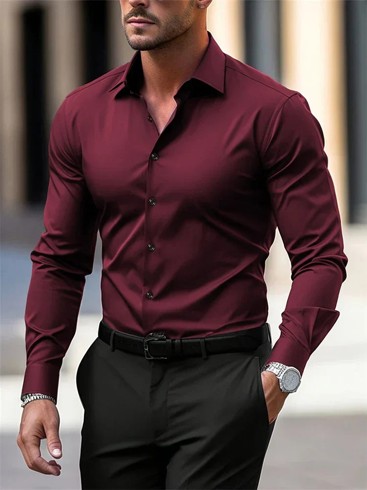 Men's Tailored Velvet Long Sleeve Shirt – Luxuriously Soft Polyester Fabric