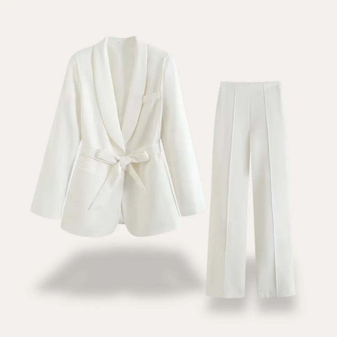 Women’s Belted Blazer and Wide-Leg Trousers Set – Elegant Tailored Two-Piece