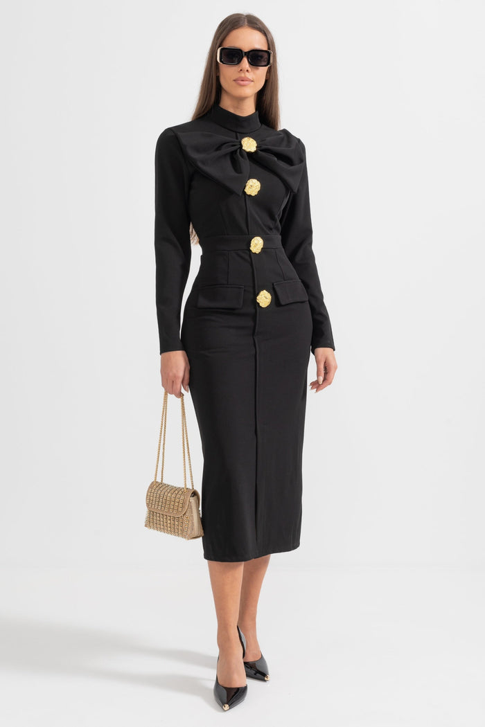 Women's Black Long Sleeve Formal Midi Dress – Elegant Bow Detail with Gold Buttons