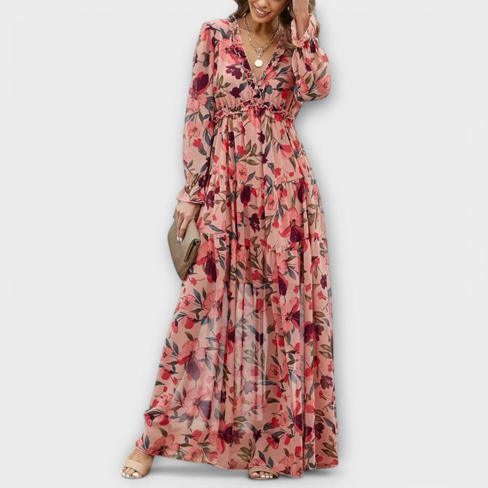 Women's Pleated Long Sleeves V-Neck Floral Maxi Dress – Elegant Holiday Dress