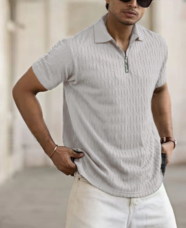 Men's Short-Sleeve Polo Shirt – Breathable Jacquard Knit with Zip Placket for Casual Style