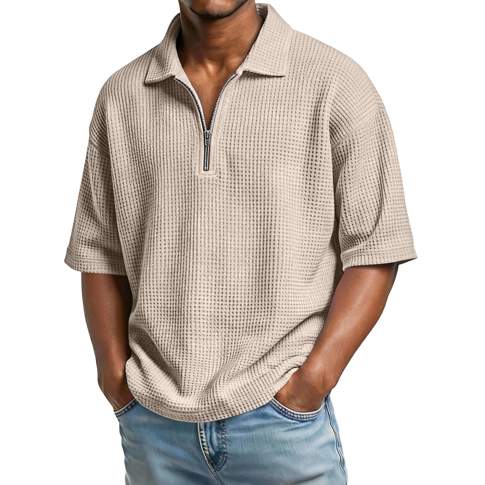 Men's Short-Sleeve Waffle-Weave Polo Shirt - Breathable Casual Beachwear